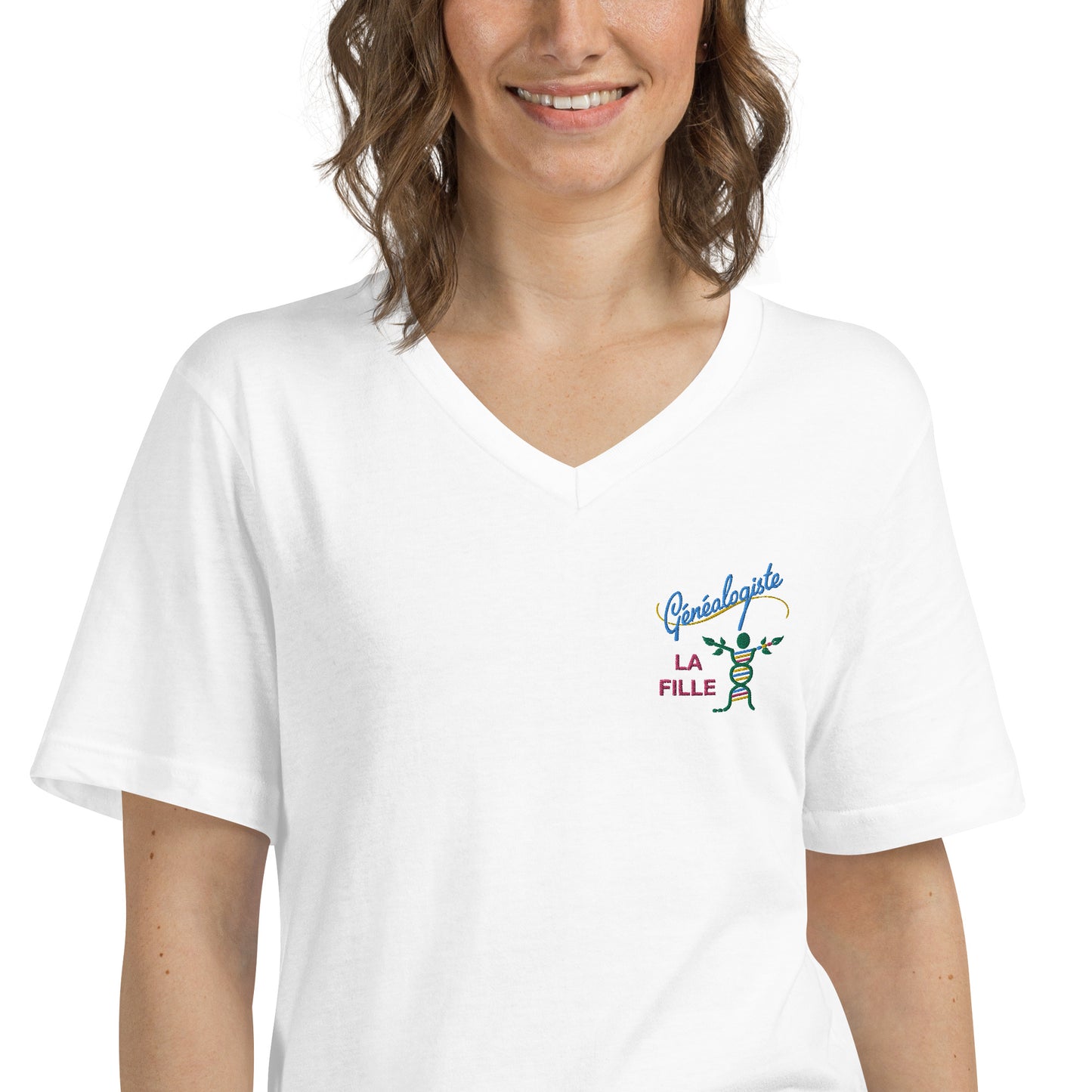 T-shirt Unisexe à Manches Courtes et Col V - Broderie "Généalogiste, la fille"