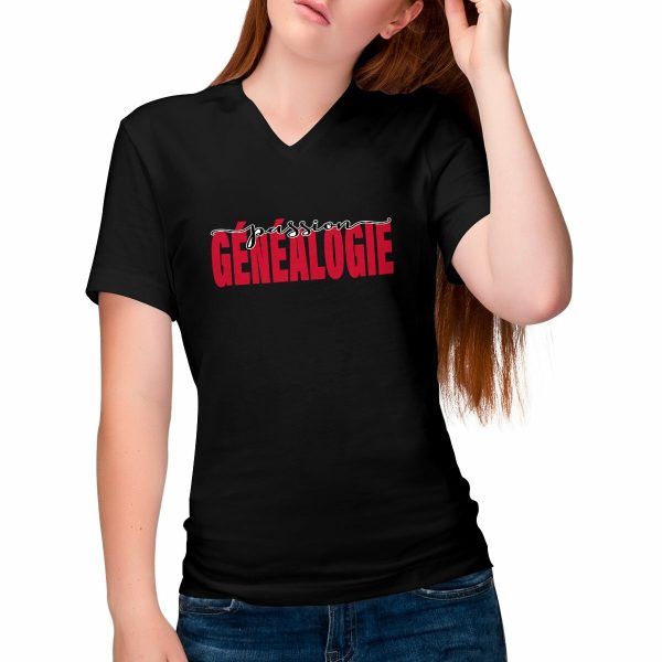 T-shirt Femme Col V - « Passion généalogie »